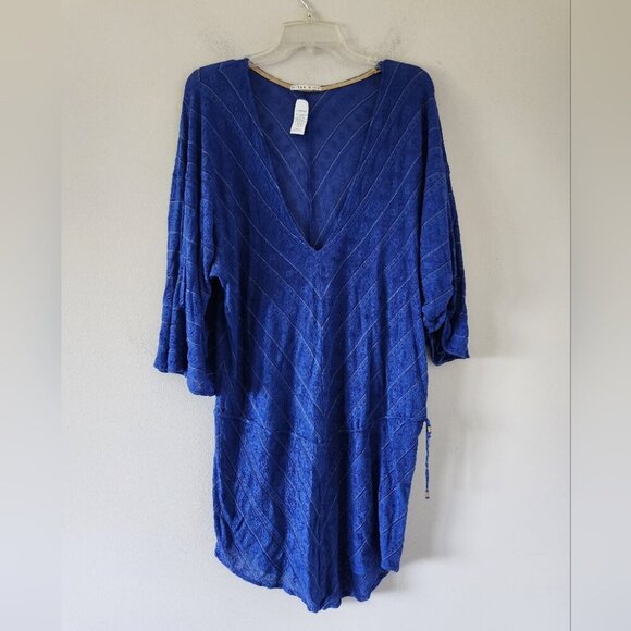 VITAMIN A | Summer Dress Beach Tunic V-neck Blue Gold Sz LARGE - Picture 1 of 5